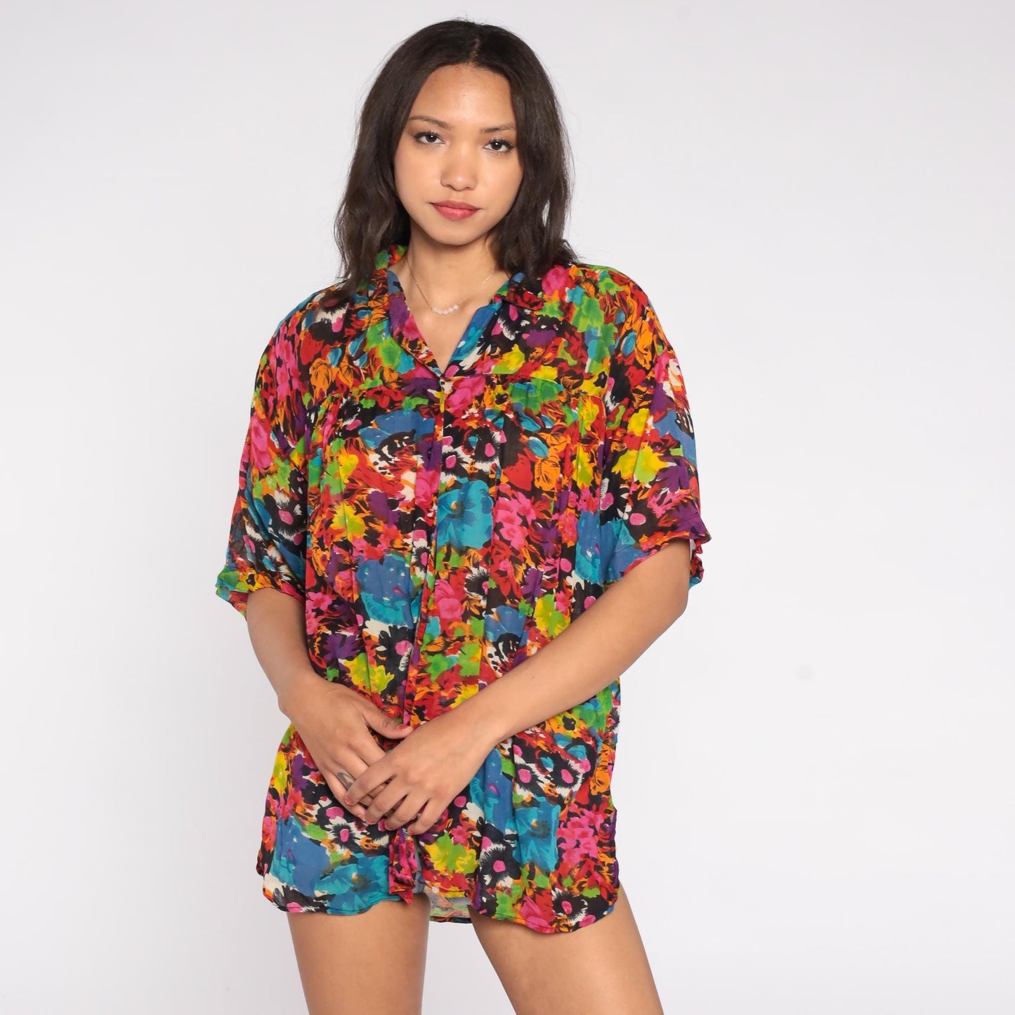 90s Whistles Abstract Floral Shirt Multi-Color Short Sleeve Cotton Blend Medium M