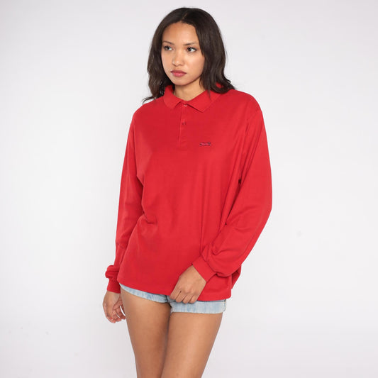 80s LeTigre Red Polo Shirt Long Sleeve Embroidered Logo Extra Large XL