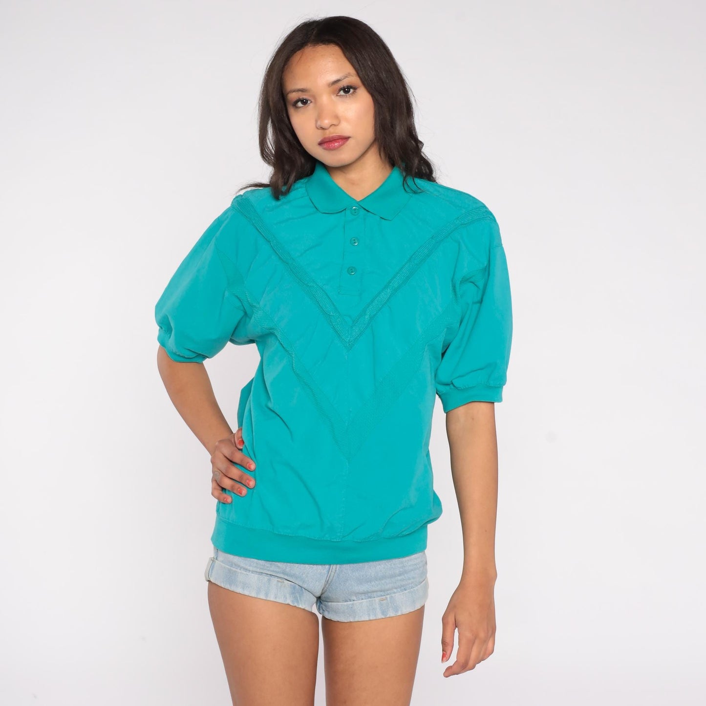 90s Teal Textured Polo Shirt Collared Short Sleeve Button Front Medium