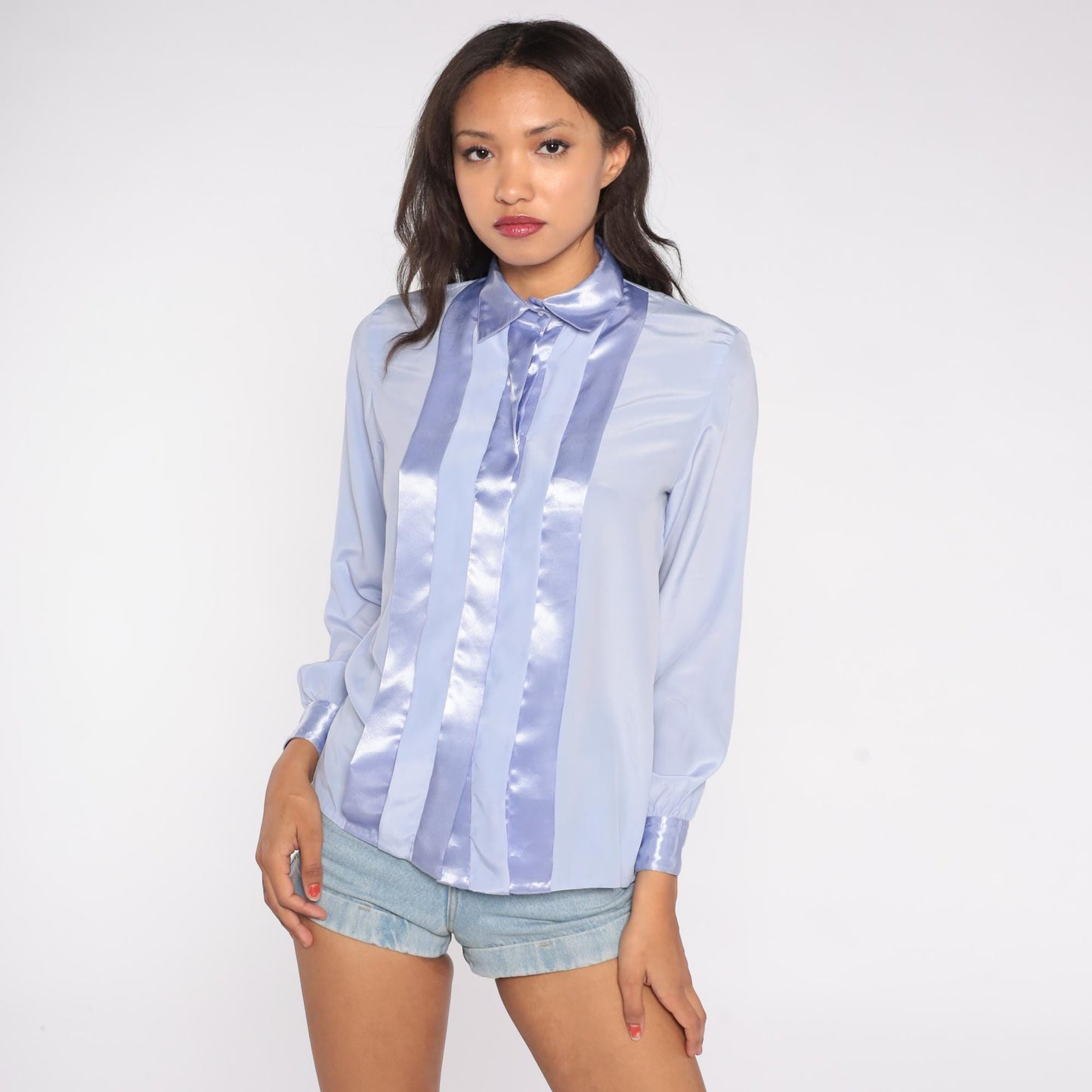 Y2K Jacklyn Smith Periwinkle Blouse Satin Panel Button Front Small