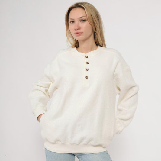 80s Claybrooke Sport White Henley Reverse Weave Cotton Sweatshirt Small S