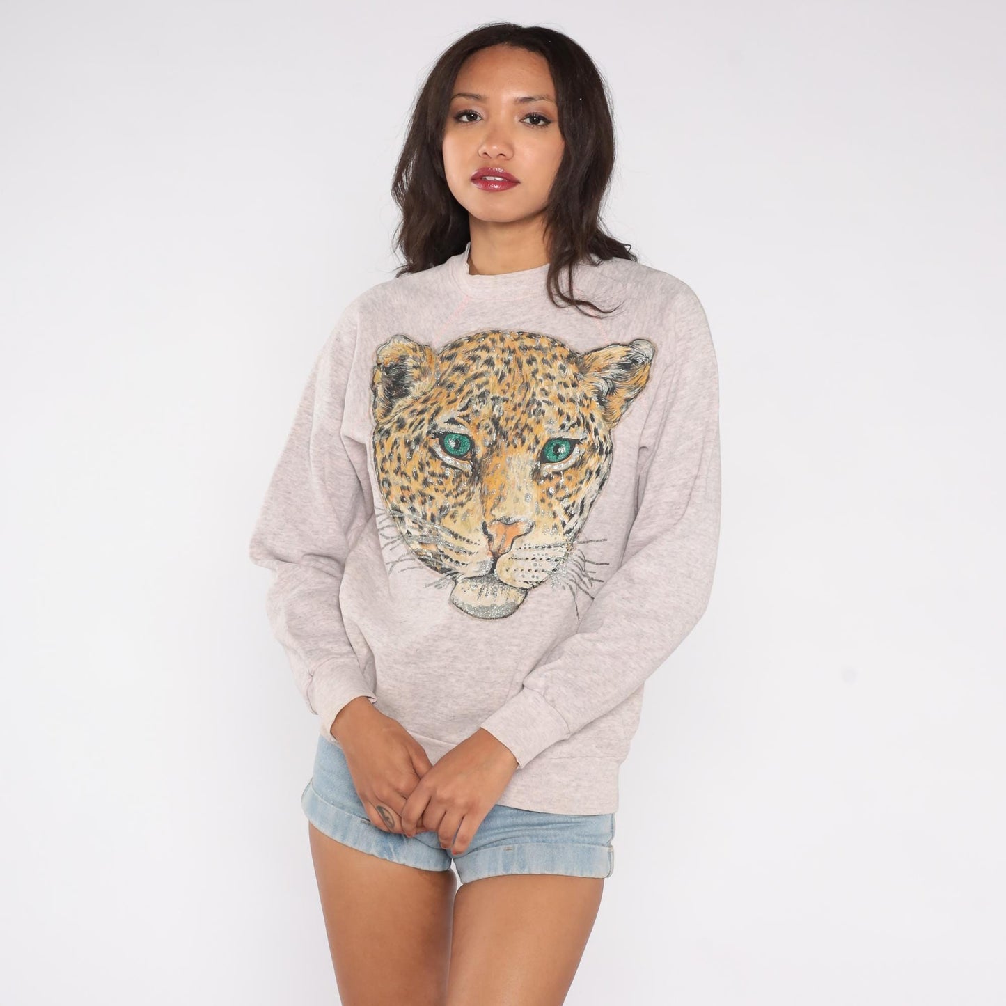 90s Tultex Leopard Sweatshirt Grey Glitter Graphic Raglan Large L