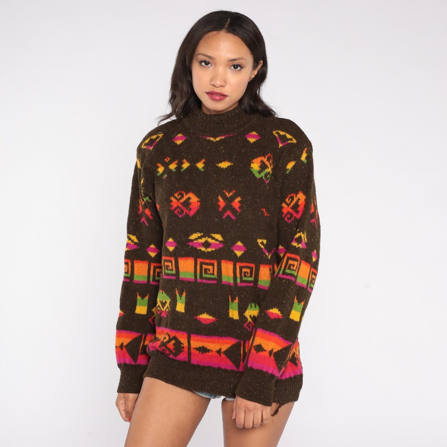 90s United Colors of Benetton Southwestern Sweater Mock Neck Wool Blend Medium M