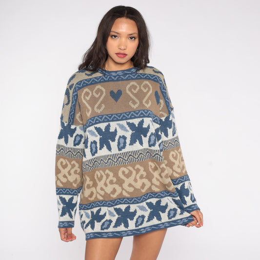 80s Nan Dorsey Fair Isle Sweater Nordic Hearts Blue Brown Geometric Knit Extra Large