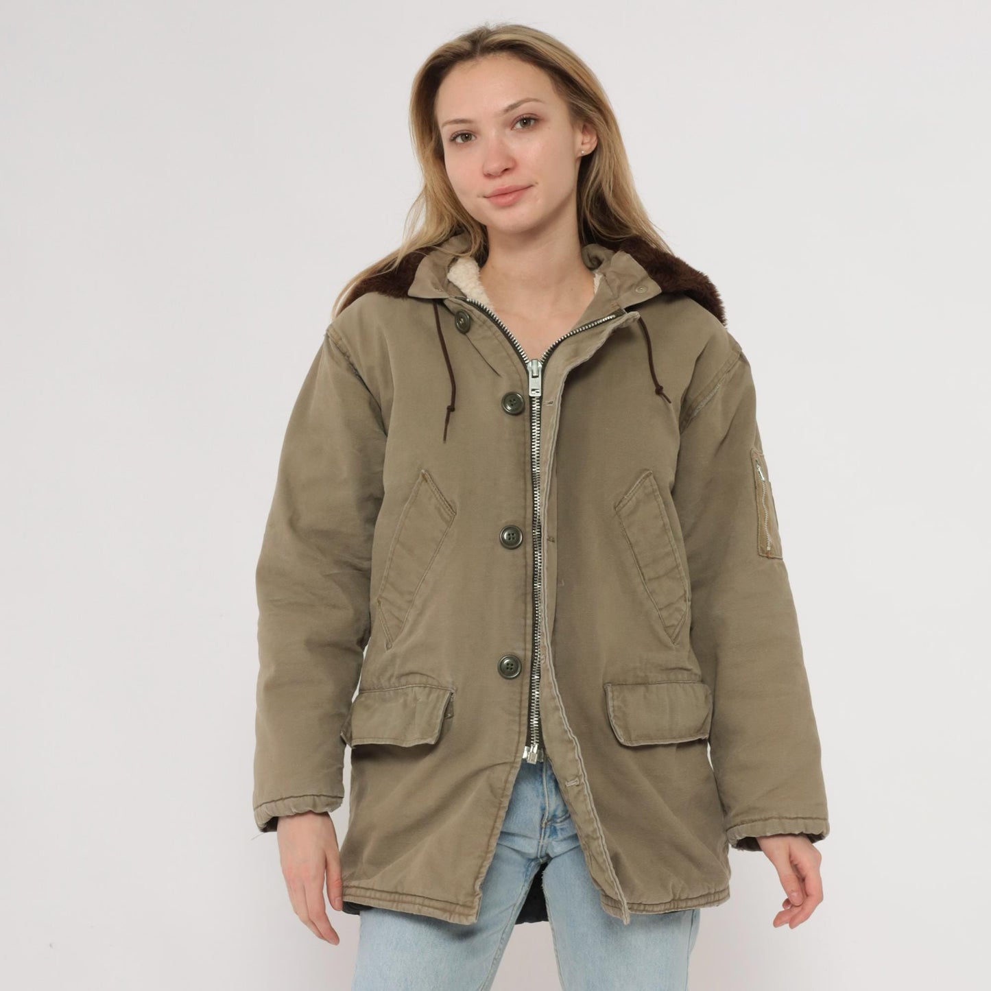 WWII B-9 Parka 1943-1945 Olive Military Cotton Sherpa Lined Hooded Jacket Medium