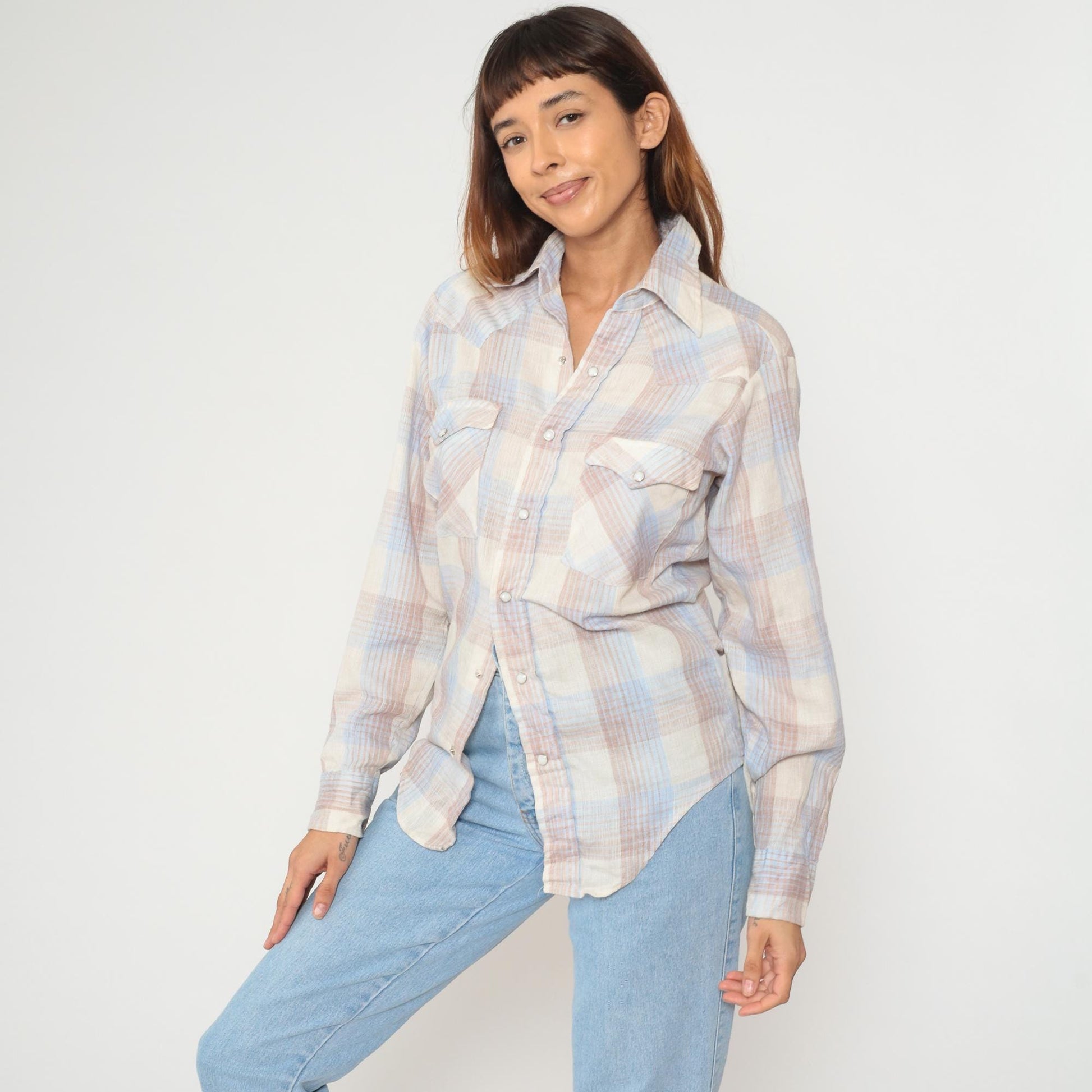 80s Gap Western Pearl Snap Shirt Cream Blue Gingham Plaid Medium