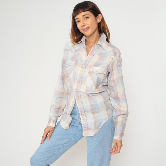 80s Gap Western Pearl Snap Shirt Cream Blue Gingham Plaid Medium