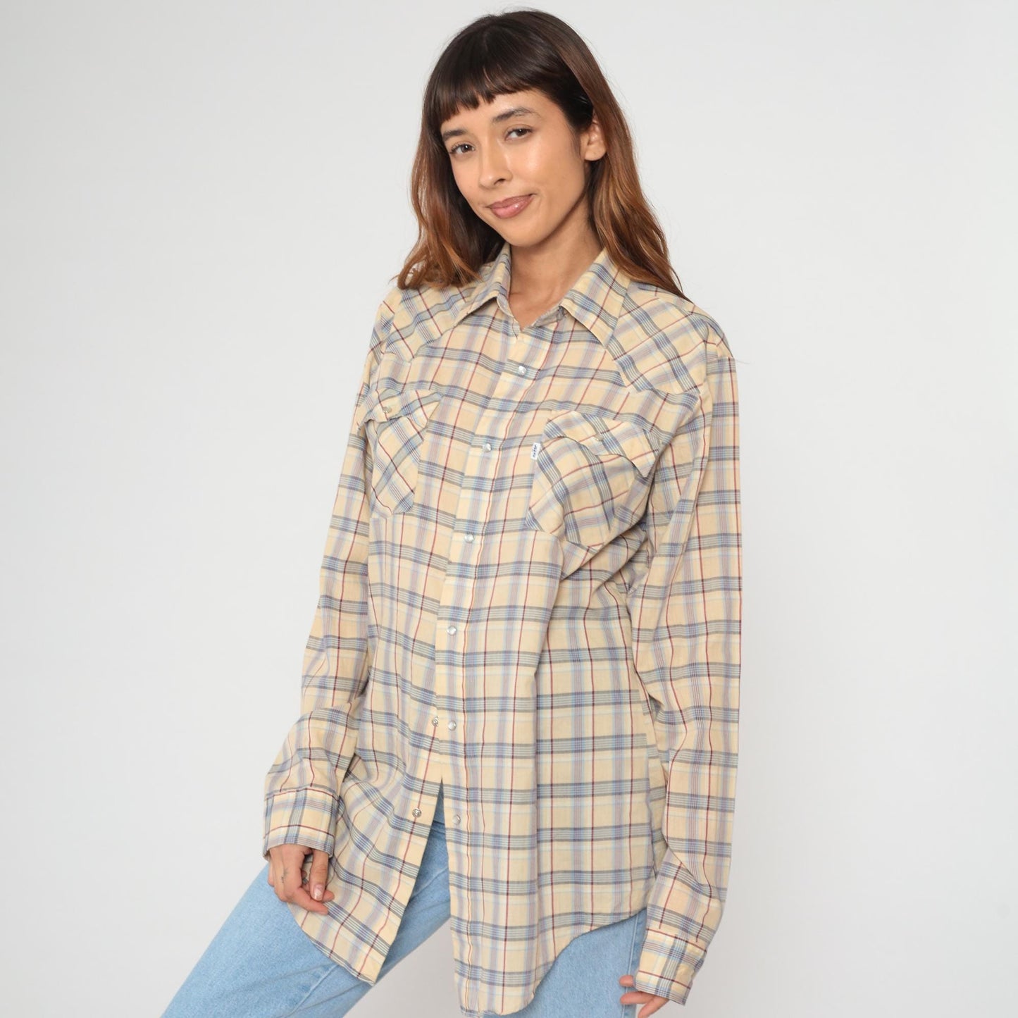 80s Levi's Plaid Button-Up Shirt Tan Brown Cotton Long Sleeve Large