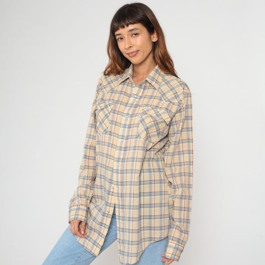 80s Levi's Plaid Button-Up Shirt Tan Brown Cotton Long Sleeve Large