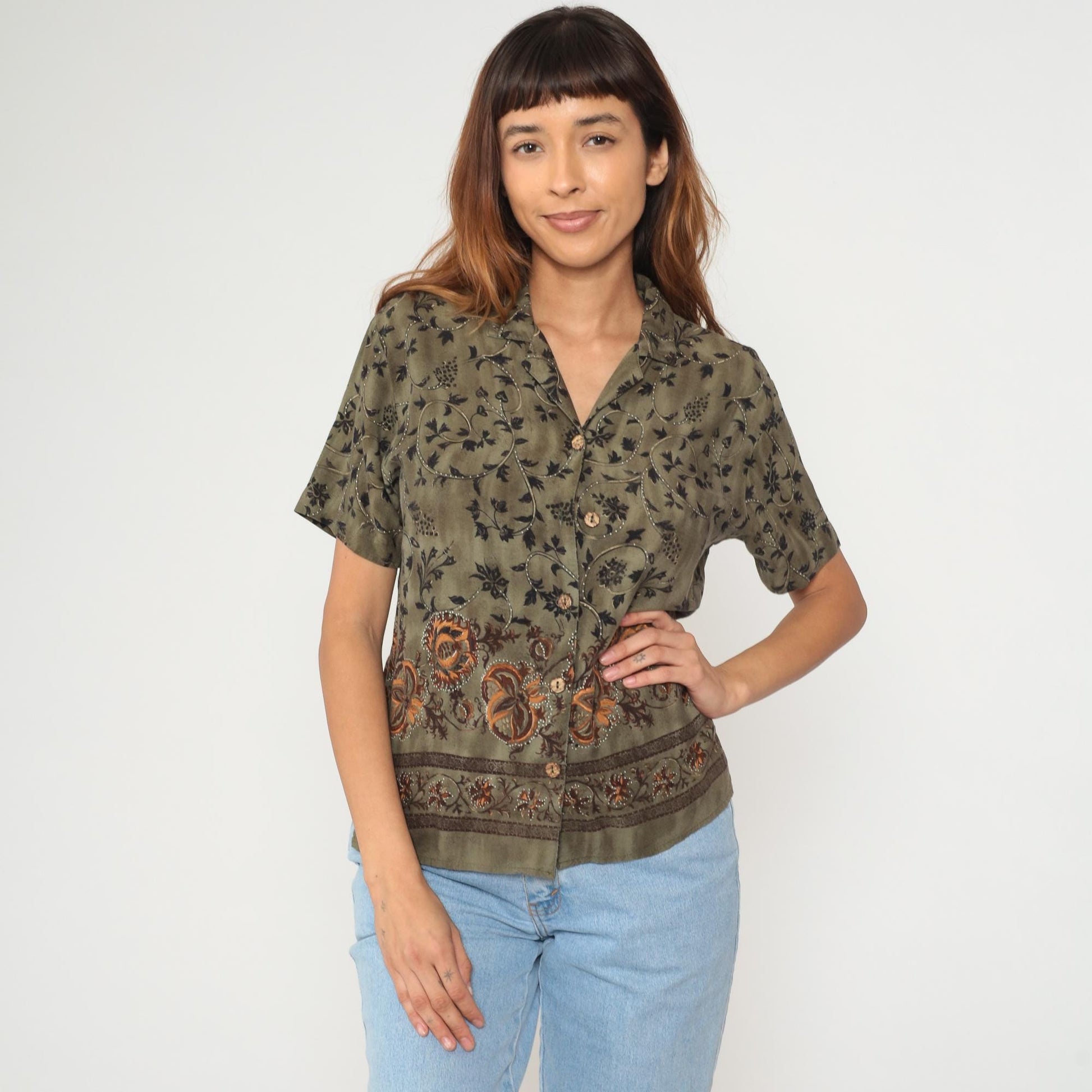 90s Teddi Petites Olive Green Rayon Botanical Floral Button Shirt Medium