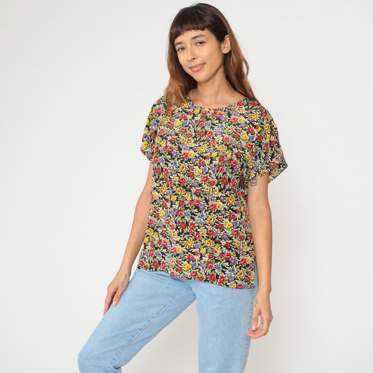 90s Black Floral Ditsy Print Blouse Short Sleeve Crew Neck Medium