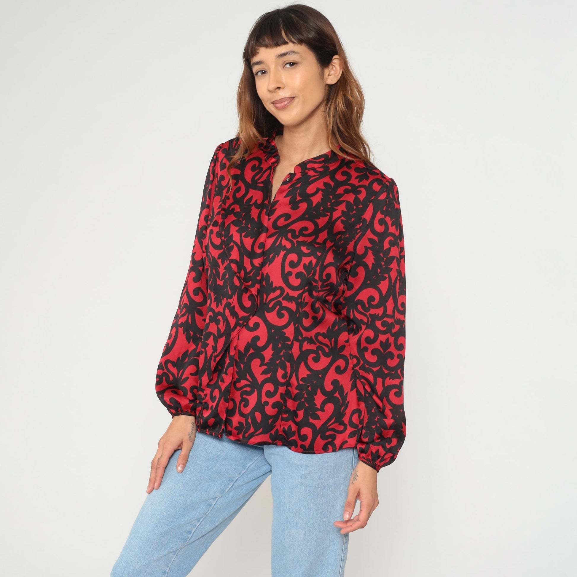 Y2K Worthington Petite Mandarin Collar Blouse Red Black Scroll Print Long Sleeve Extra Large