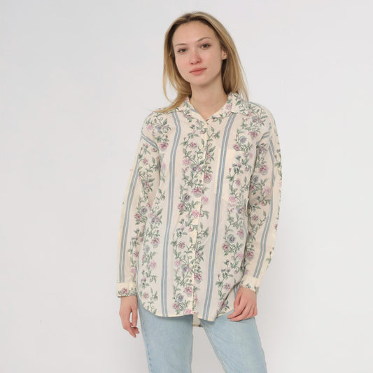 90s Pure Love Take Away Floral Button Up Shirt Cream Small S