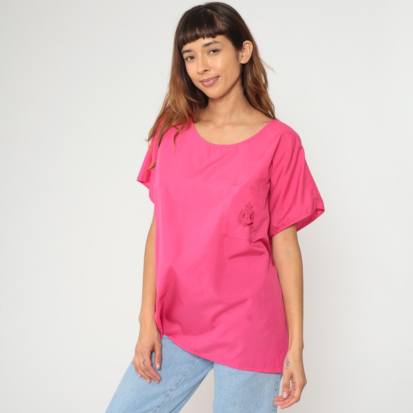 90s Hot Pink Polyester Tunic Top Short Sleeve Scoop Neck Extra Large XXL