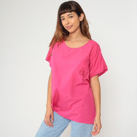 90s Hot Pink Polyester Tunic Top Short Sleeve Scoop Neck Extra Large XXL