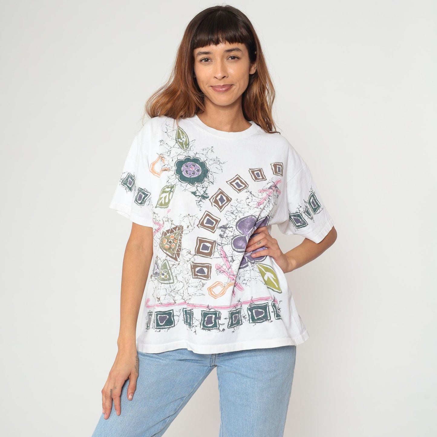 90s Tennessee River Gold Abstract Floral Dragonfly Graphic Tee White Small