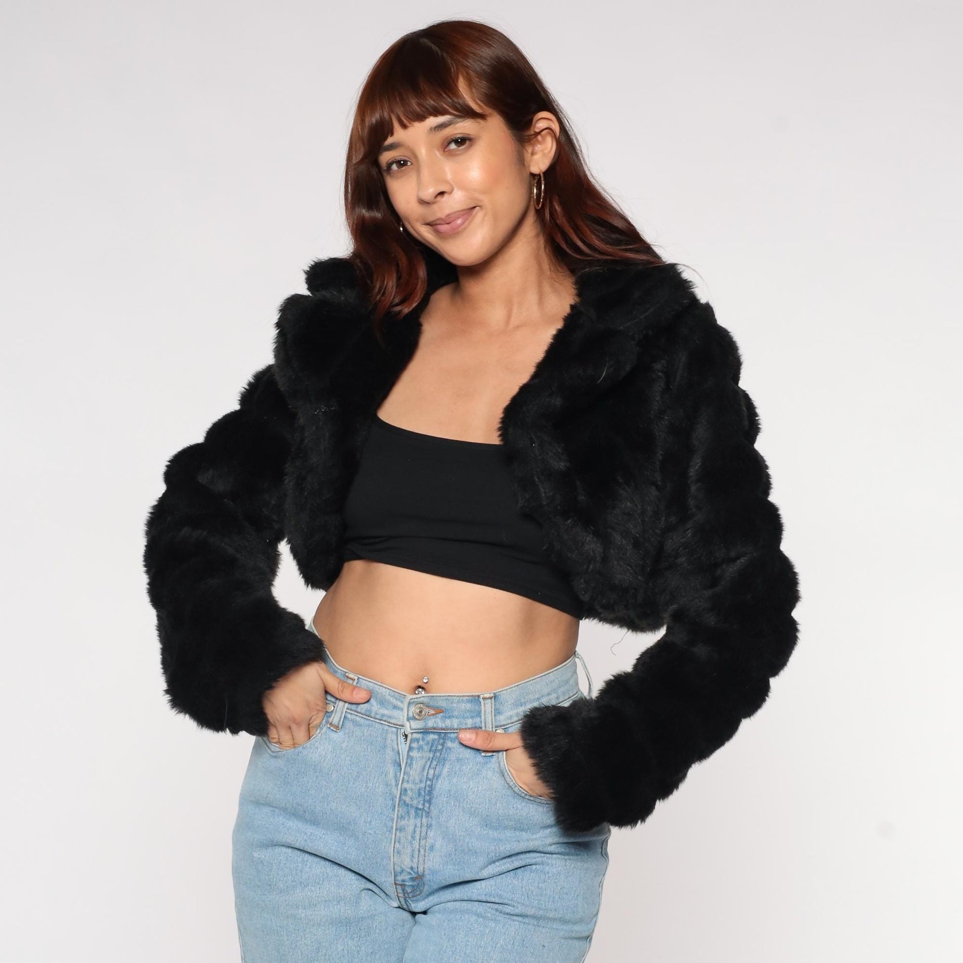Y2K Black Faux Fur Cropped Jacket Oversized Collar Long Sleeve Medium
