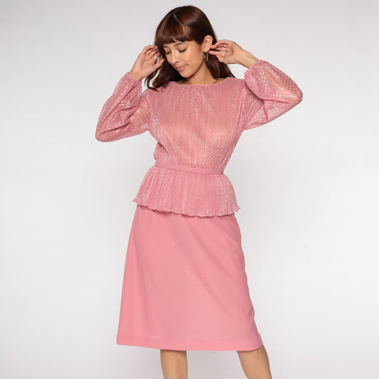 70s Hal Ferman Disco Dress Pink Metallic Peplum Long Sleeve Medium