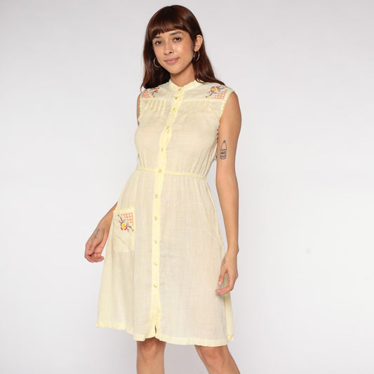 70s Sears Yellow Sleeveless Shirt Dress Floral Embroidery Small S