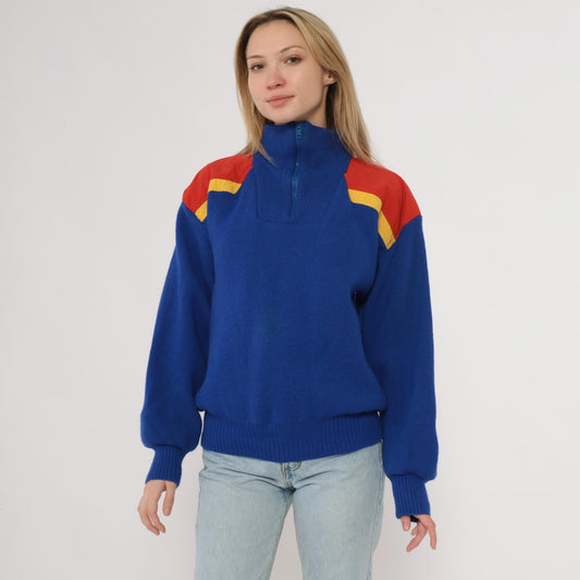 80s Slalom Colorblock Half Zip Wool Sweater Blue Red Yellow Men's Small