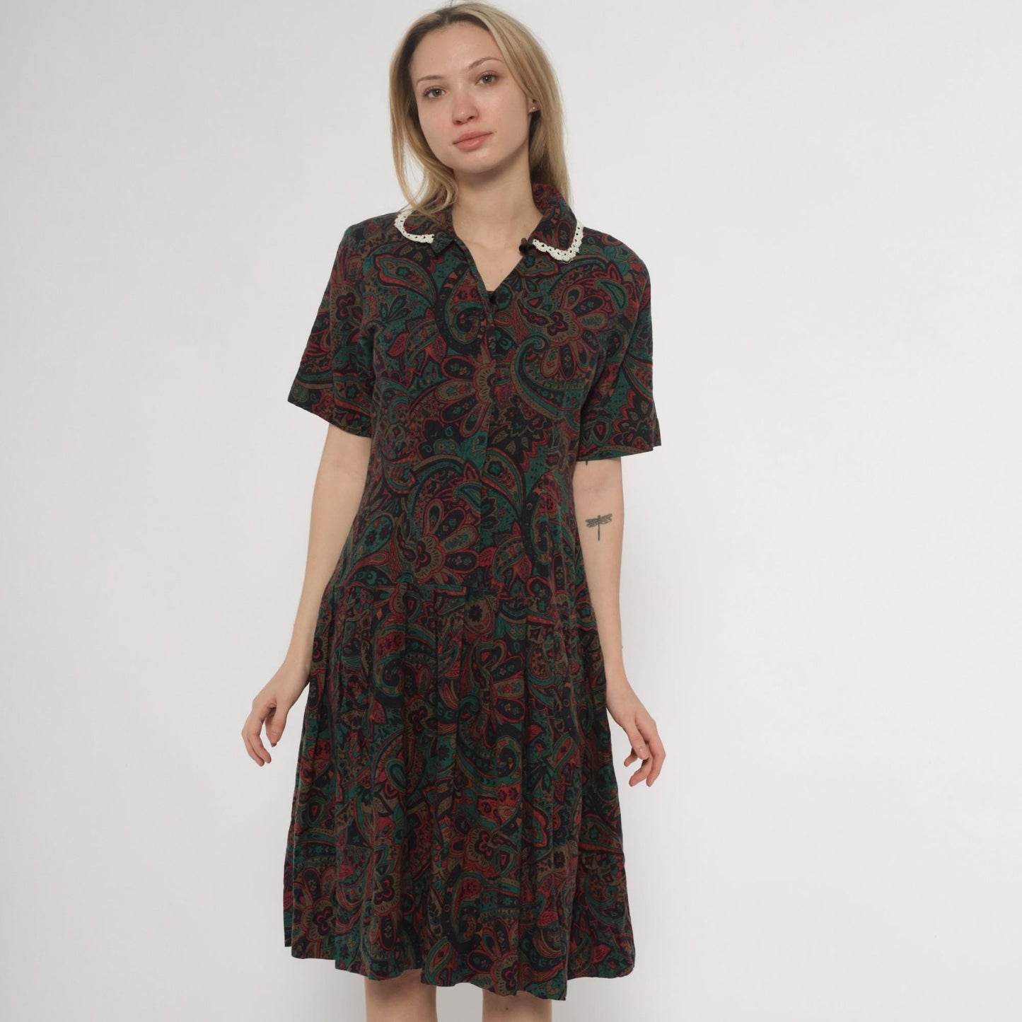 70s Paisley Dress Burgundy Green Brown Crochet Collar Knee Length Medium