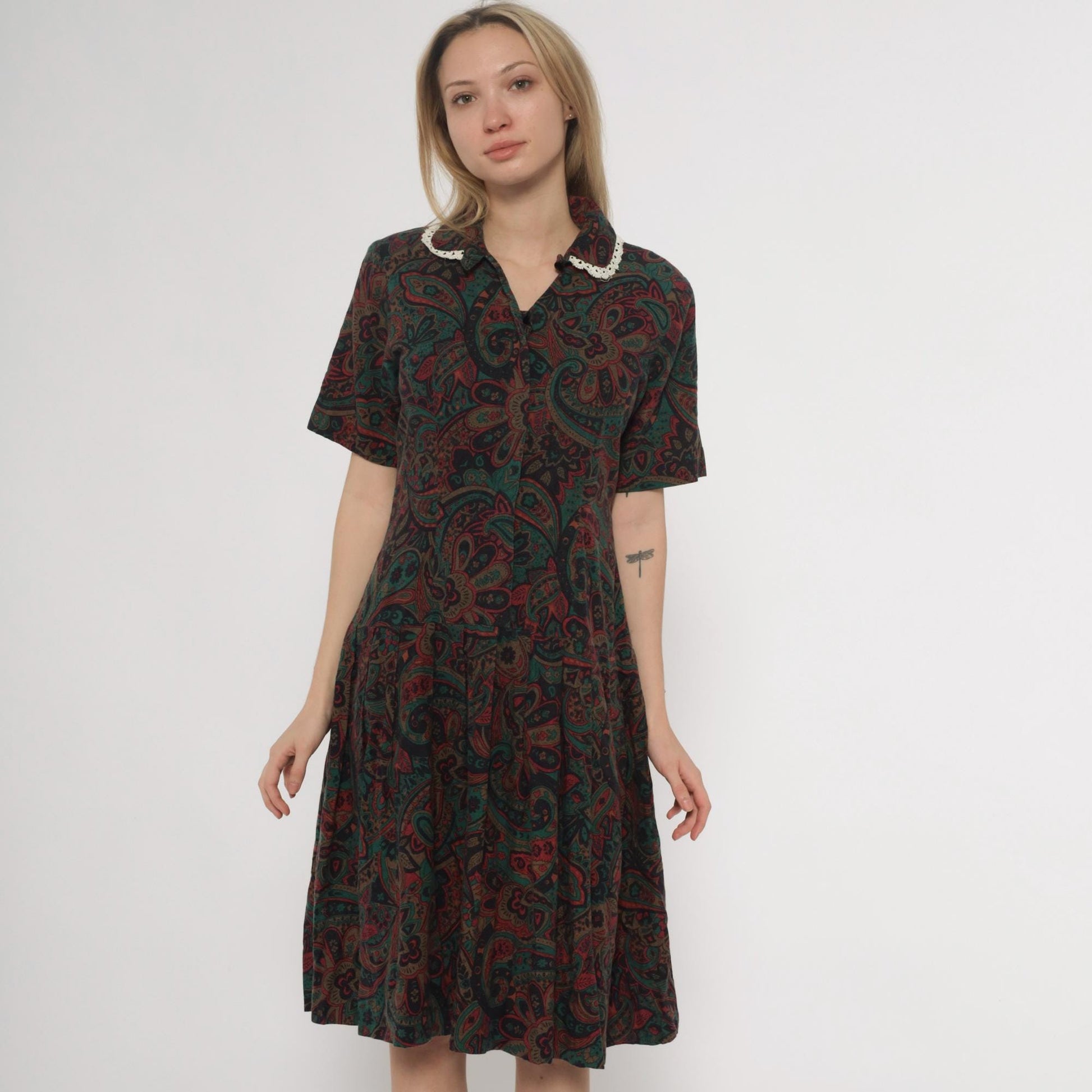 70s Paisley Dress Burgundy Green Brown Crochet Collar Knee Length Medium
