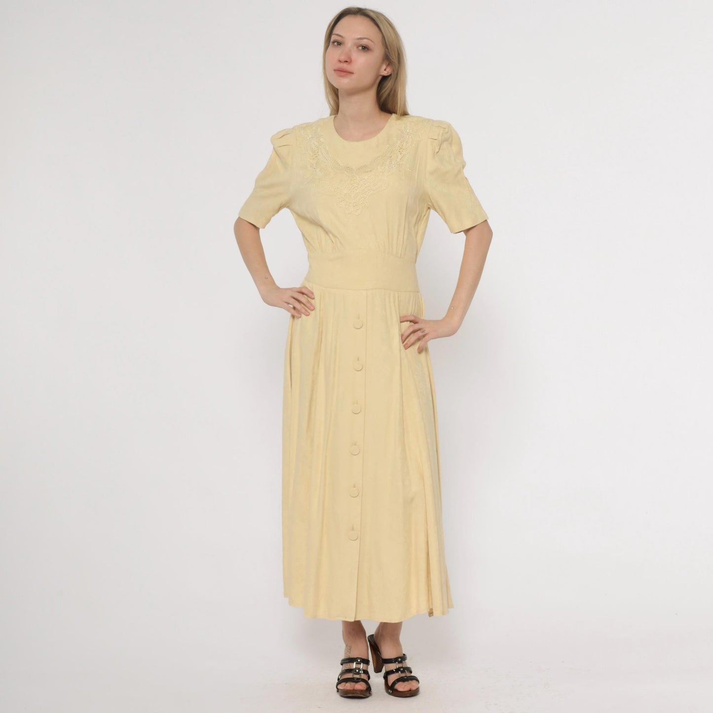 90s Karin Stevens Yellow Maxi Dress Embroidered Lace Smocked Waist Small