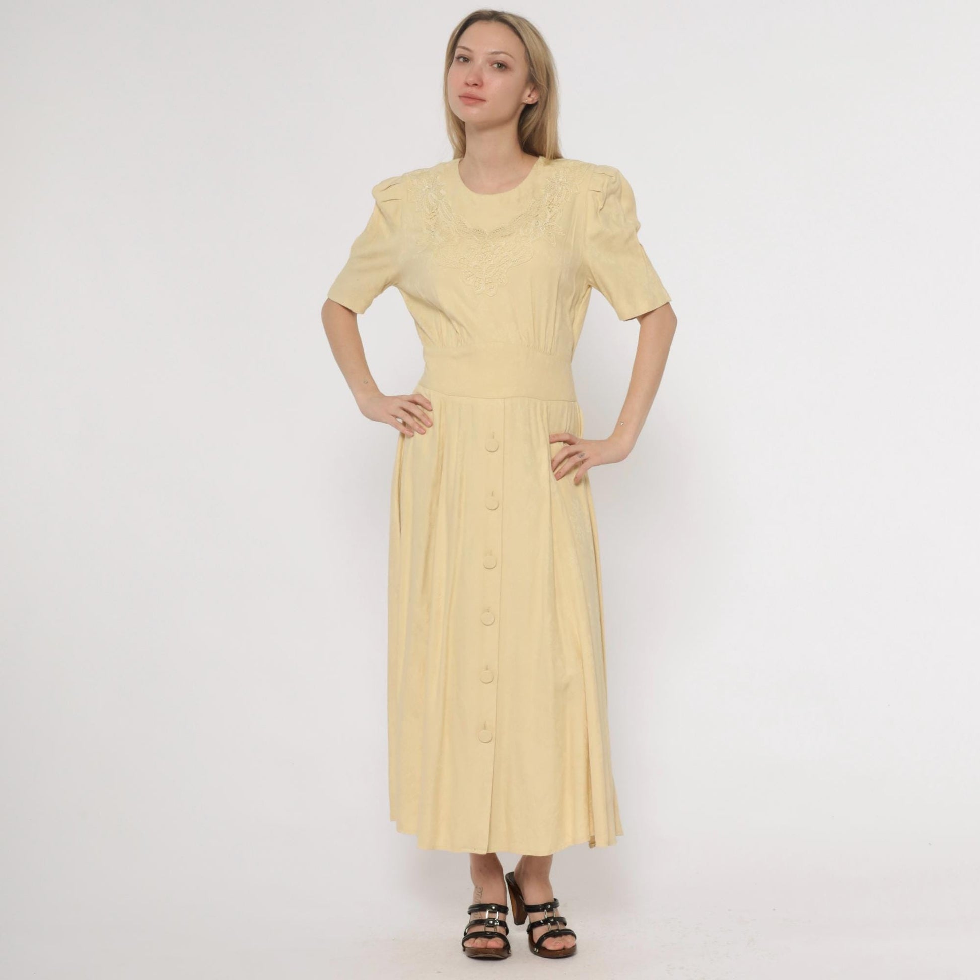 90s Karin Stevens Yellow Maxi Dress Embroidered Lace Smocked Waist Small