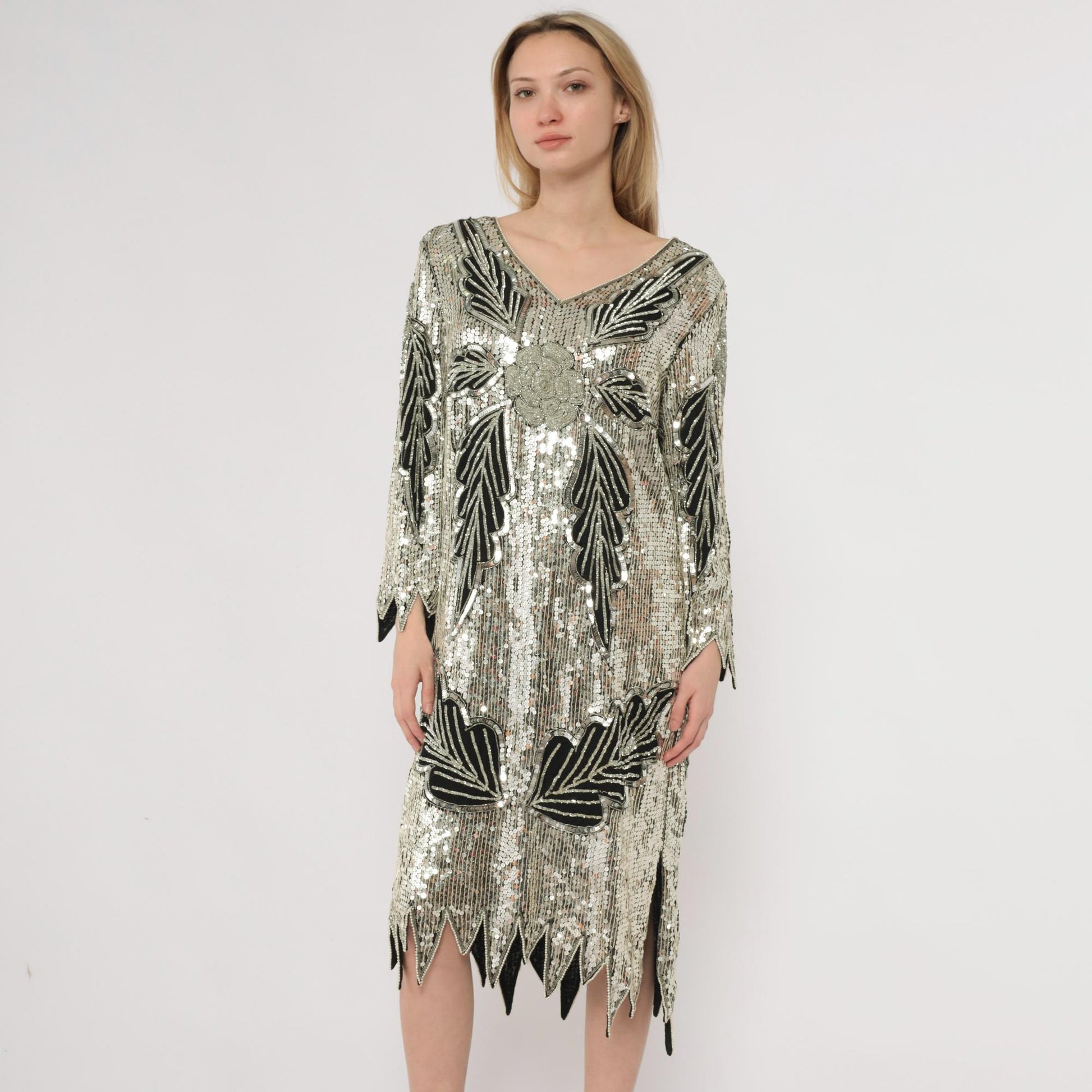 90s Silver Sequin Midi Dress Art Deco Leaf Pattern Silk V-Neck Long Sleeve Medium M