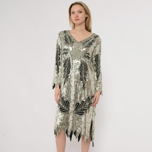 90s Silver Sequin Midi Dress Art Deco Leaf Pattern Silk V-Neck Long Sleeve Medium M