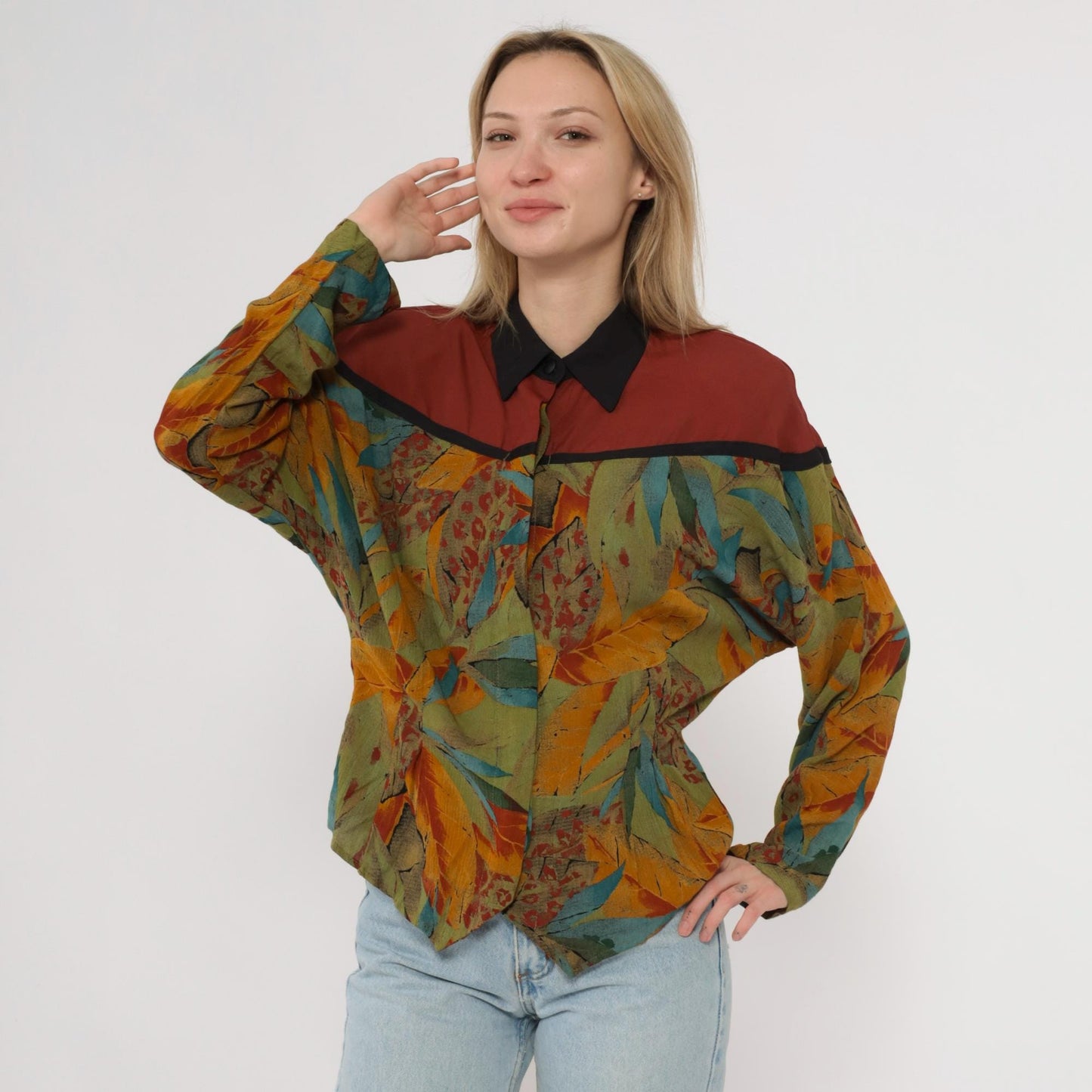 90s Colorblock Leaf Print Button-Up Shirt Rust Olive Yellow Medium