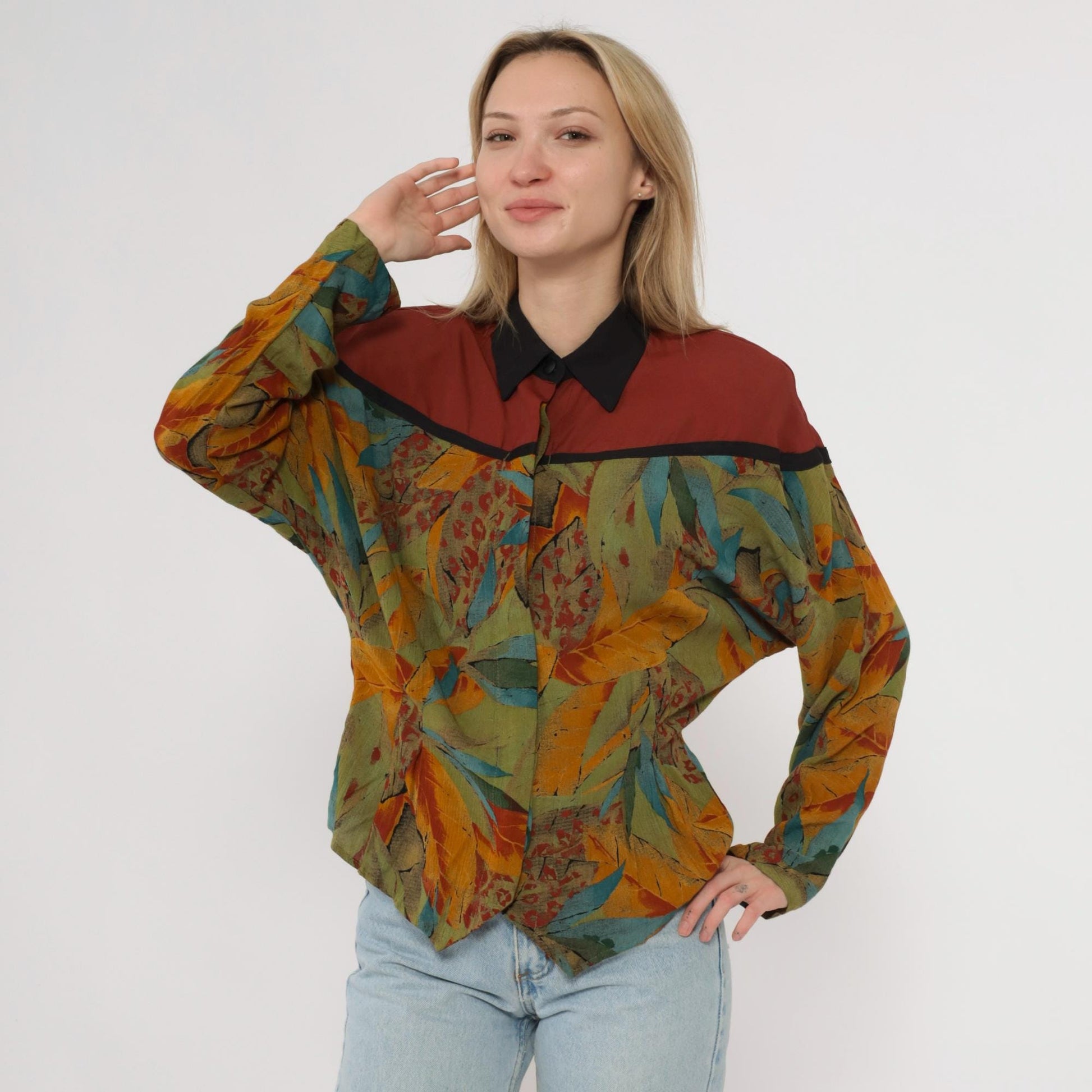 90s Colorblock Leaf Print Button-Up Shirt Rust Olive Yellow Medium