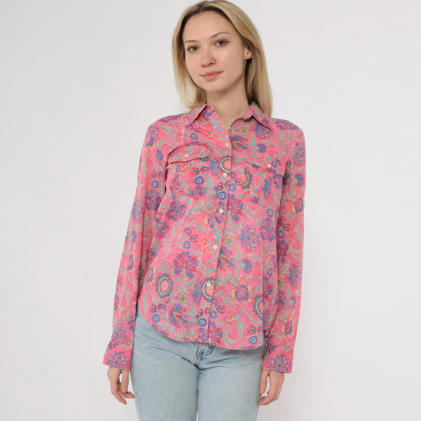 90s Ralph Lauren Floral Button-Up Shirt Pink Botanical Paisley Cotton Small S