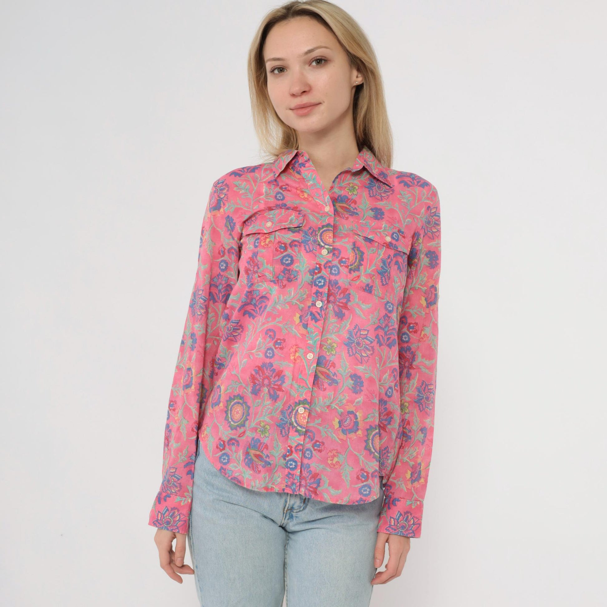 90s Ralph Lauren Floral Button-Up Shirt Pink Botanical Paisley Cotton Small S