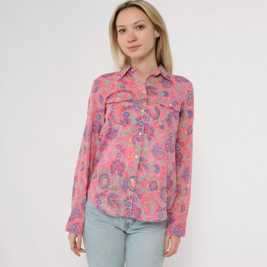 90s Ralph Lauren Floral Button-Up Shirt Pink Botanical Paisley Cotton Small S