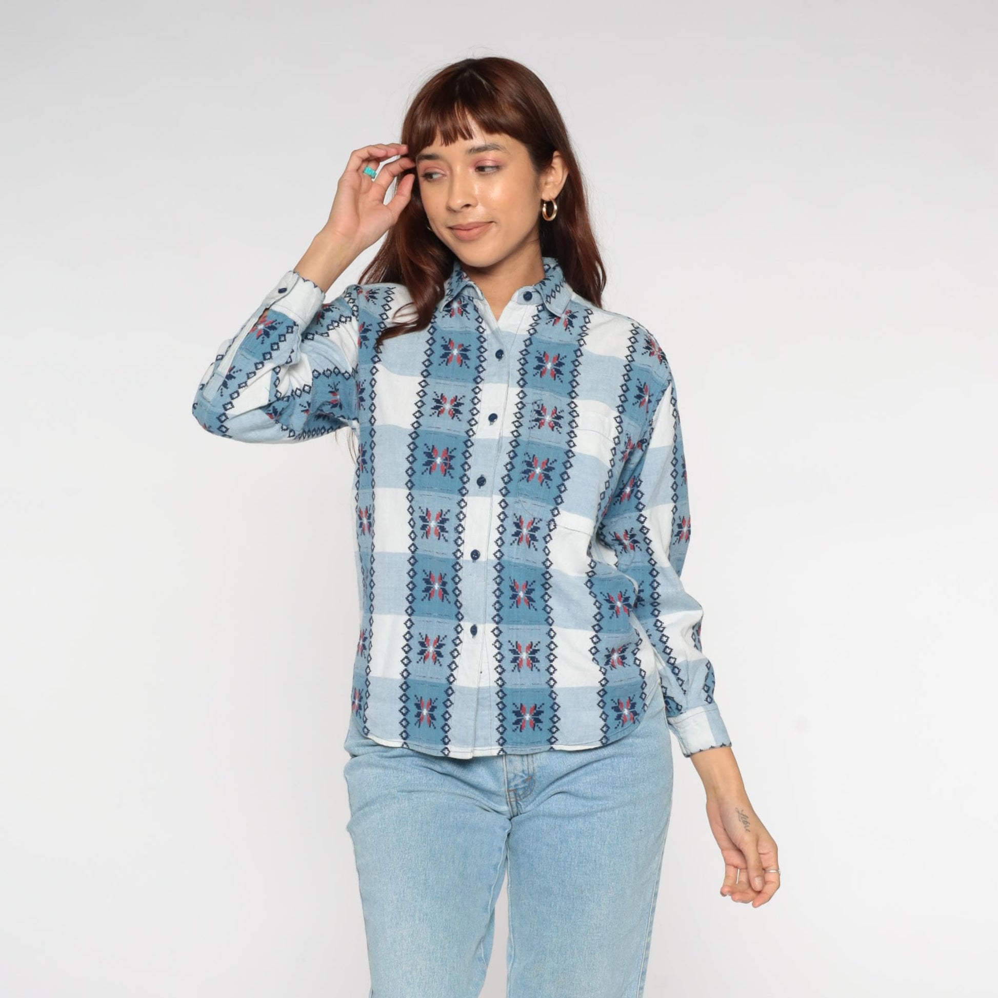 90s Keren Hart Southwestern Plaid Button Up Shirt Blue White Small S