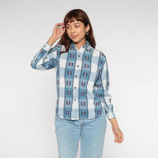 90s Keren Hart Southwestern Plaid Button Up Shirt Blue White Small S