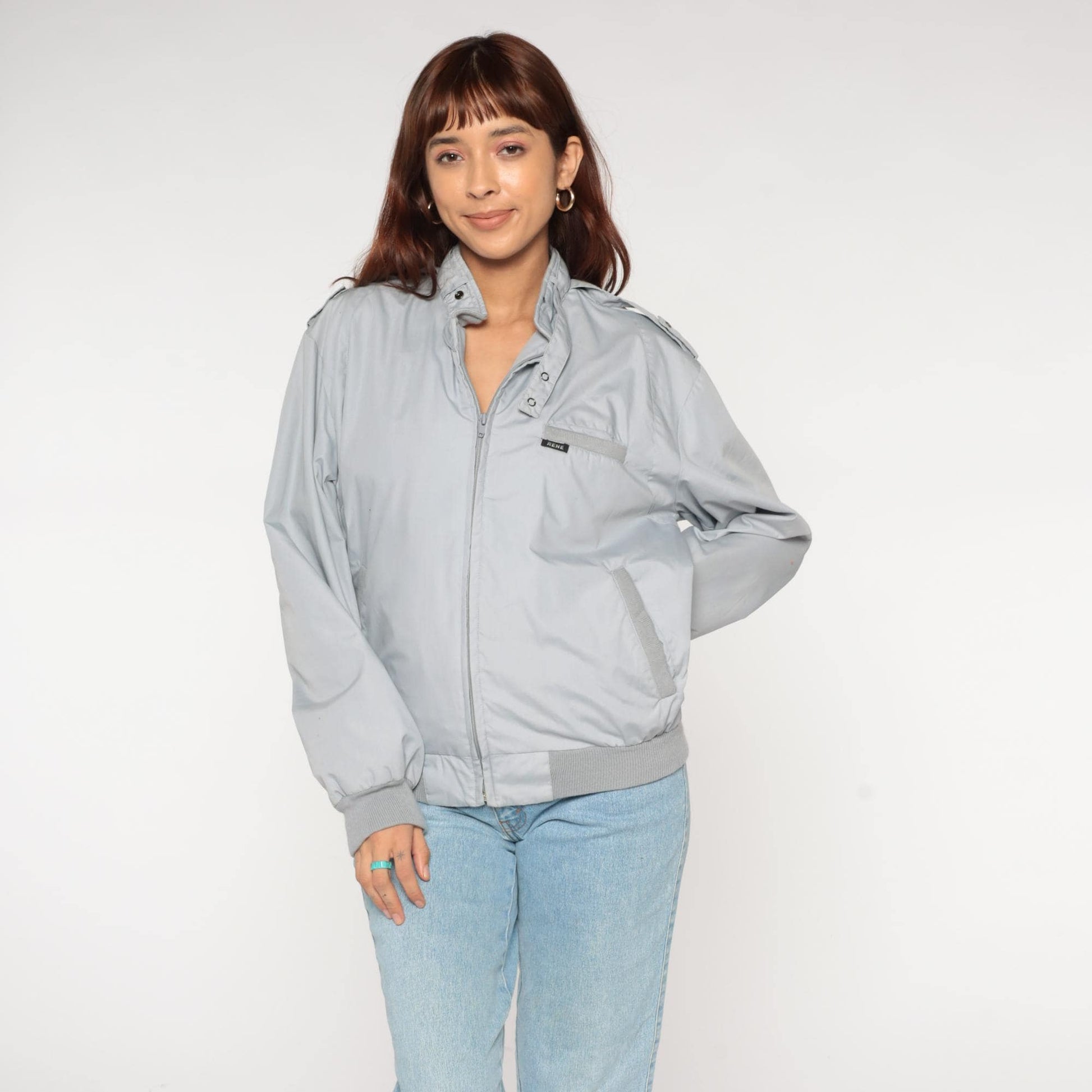 80s Rene De France Light Gray Bomber Jacket Epaulettes Large L