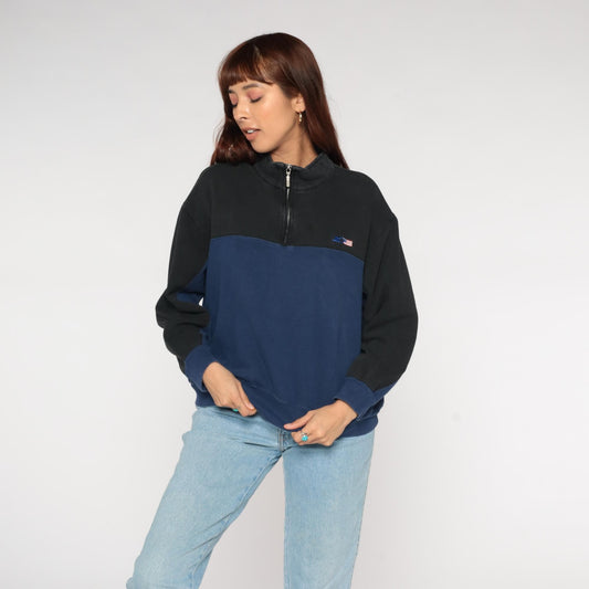 90s Starter Colorblock Quarter-Zip Sweatshirt Navy Black American Flag Extra Large