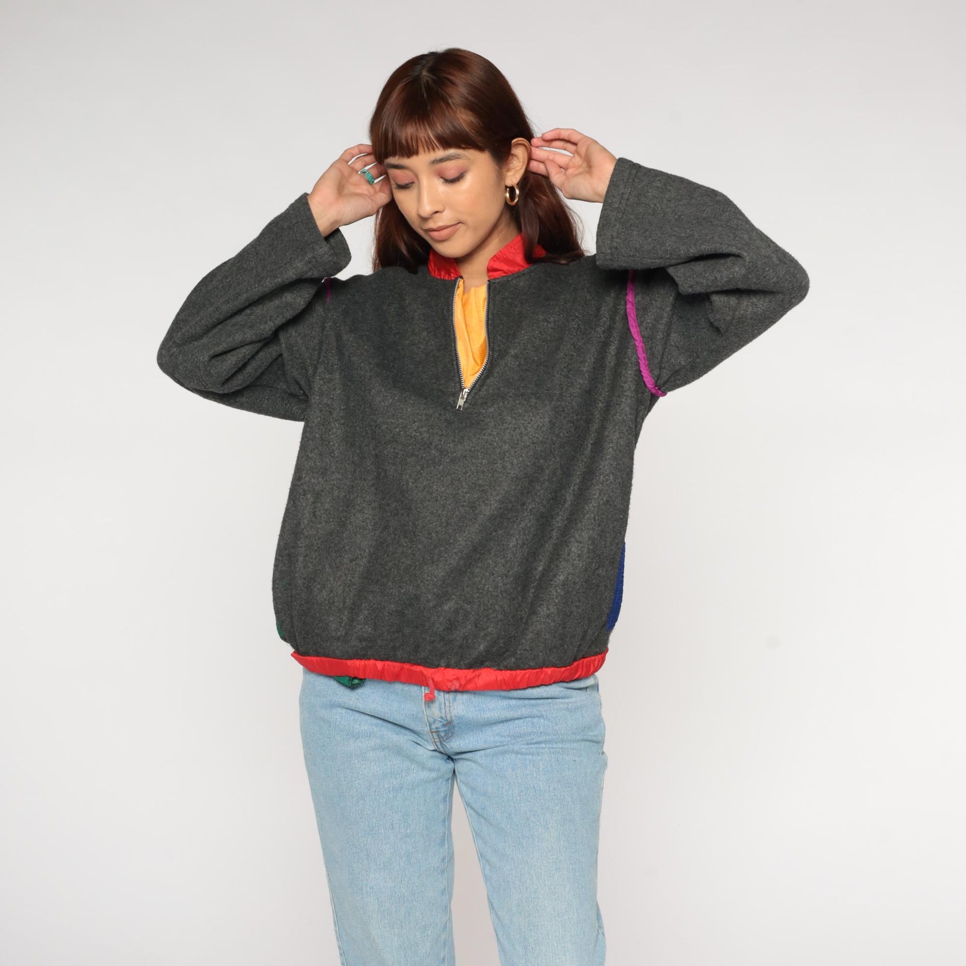 90s Jacques Moret Colorblock Fleece Pullover Grey Red Pink Quarter Zip Small