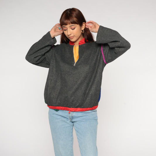 90s Jacques Moret Colorblock Fleece Pullover Grey Red Pink Quarter Zip Small