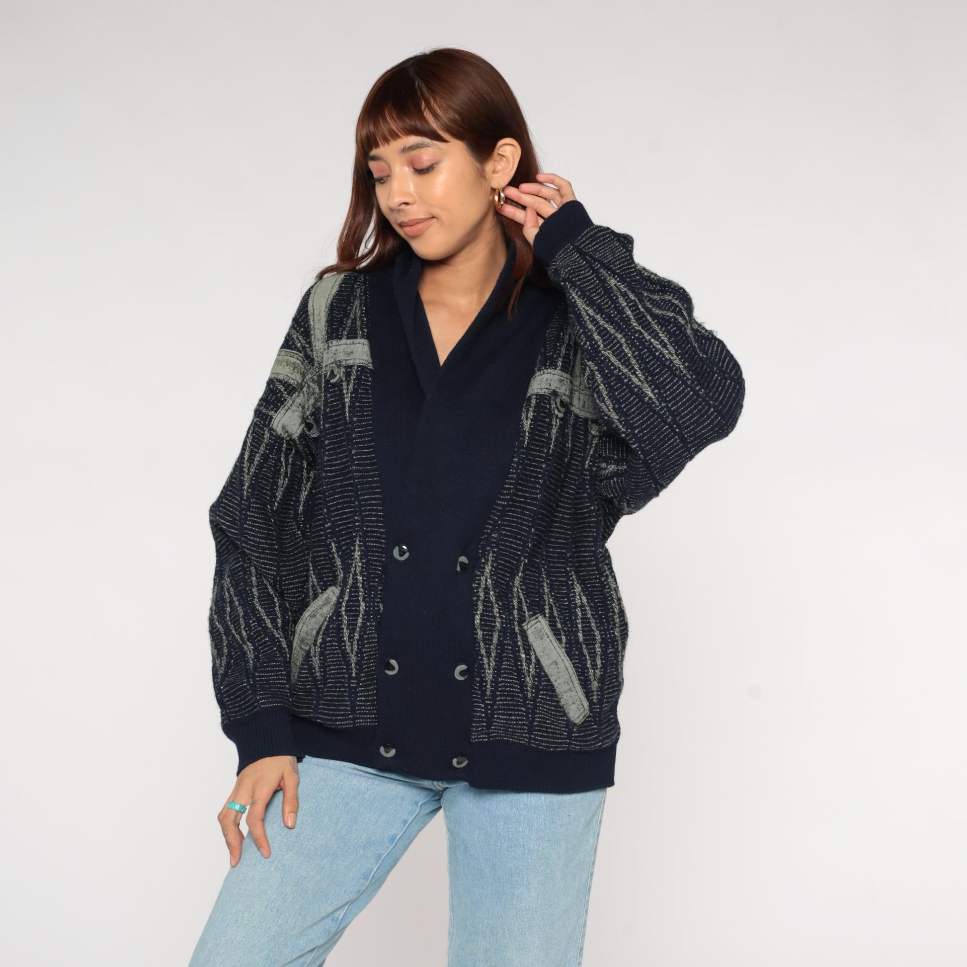90s J Bar-Lun Navy Grey Geometric Knit Cardigan Double Breasted Large L