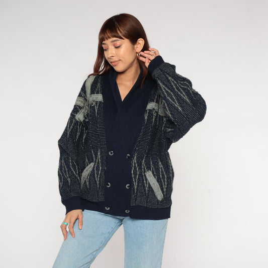 90s J Bar-Lun Navy Grey Geometric Knit Cardigan Double Breasted Large L