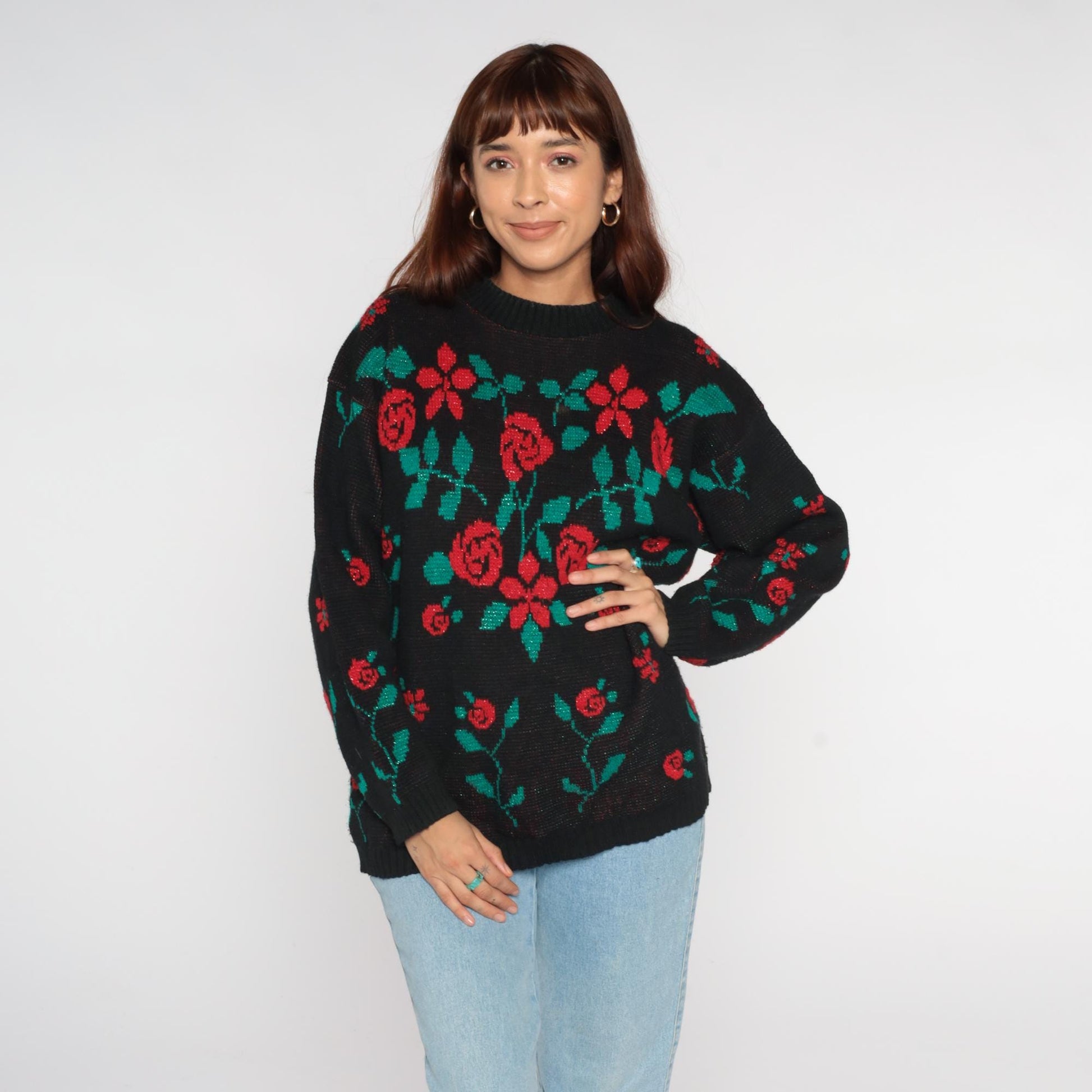 90s Village Fair Black Floral Knit Sweater Red Rose Metallic Medium M