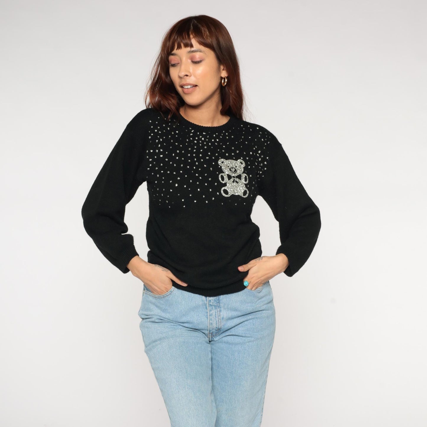 90s Western Sportswear Teddy Bear Sequin Sweater Black Small S