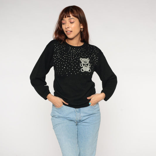 90s Western Sportswear Teddy Bear Sequin Sweater Black Small S
