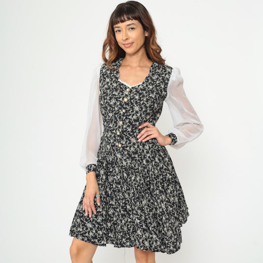 90s Timing Black Floral Dress White Contrast Sleeves Pearl Buttons Knee Length Medium M
