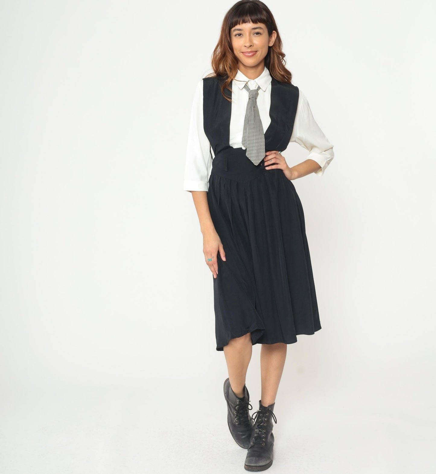 1990s Piccolino Petites Black Midi Jumper Dress Gingham Tie Attached Shirt XS