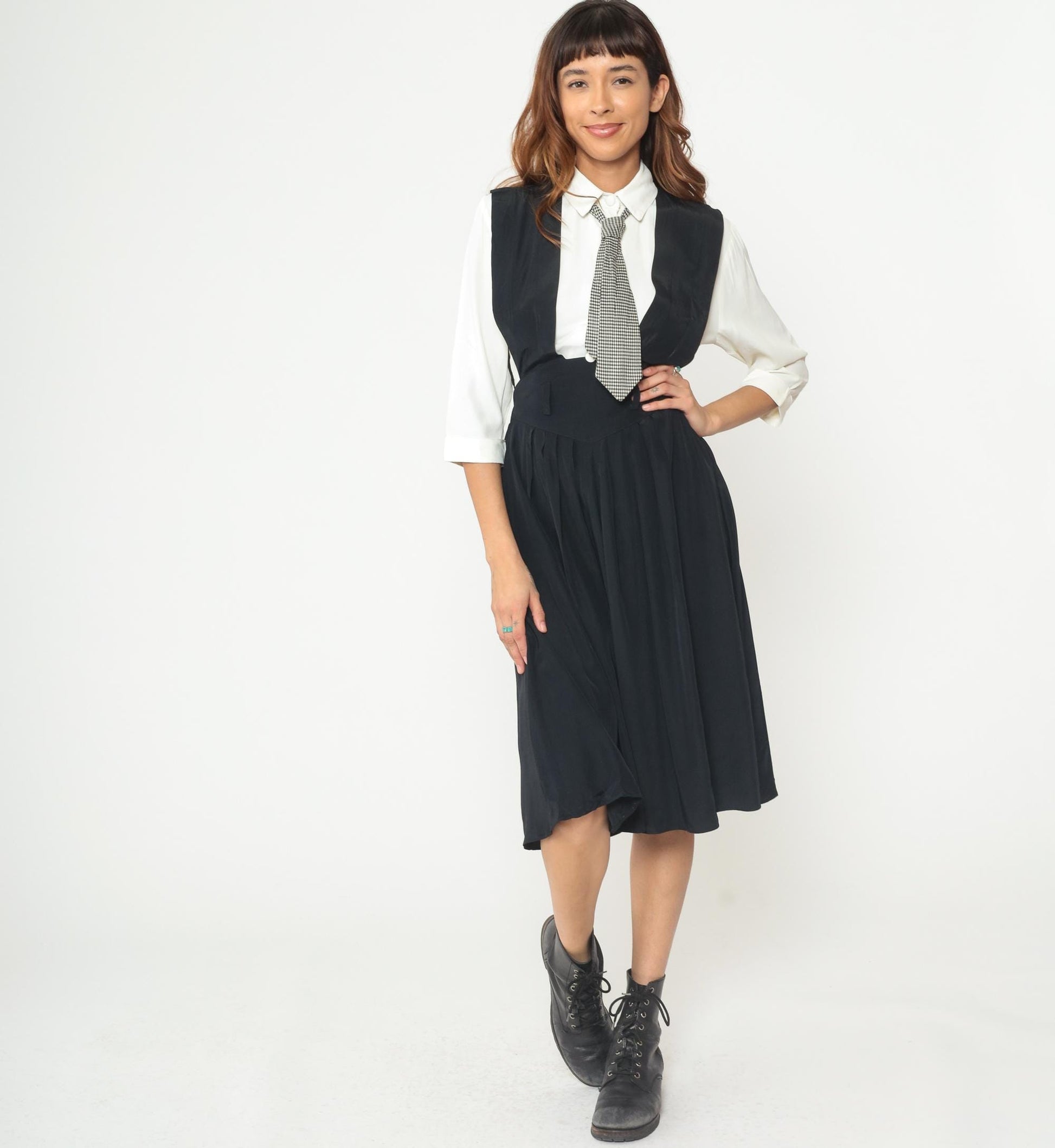 1990s Piccolino Petites Black Midi Jumper Dress Gingham Tie Attached Shirt XS