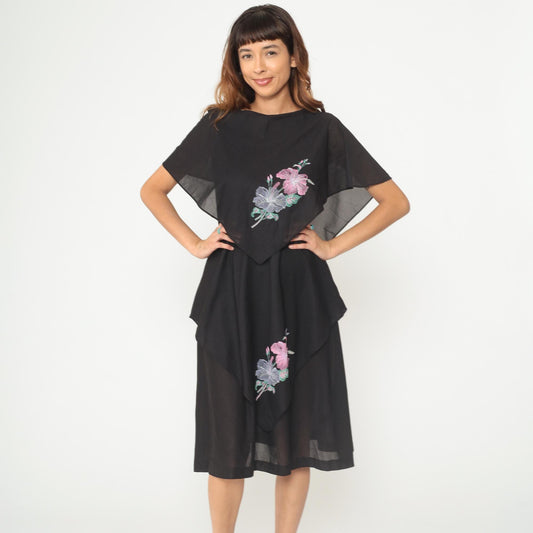 80s Black Tropical Floral Tiered Capelet Midi Dress Flutter Sleeve Medium